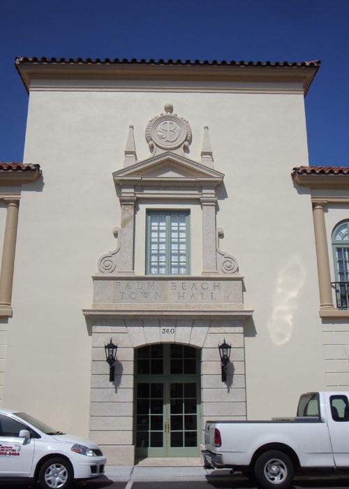 Palm Beach Town Hall historic restoration with cast stone window surround, pediment, and inscription